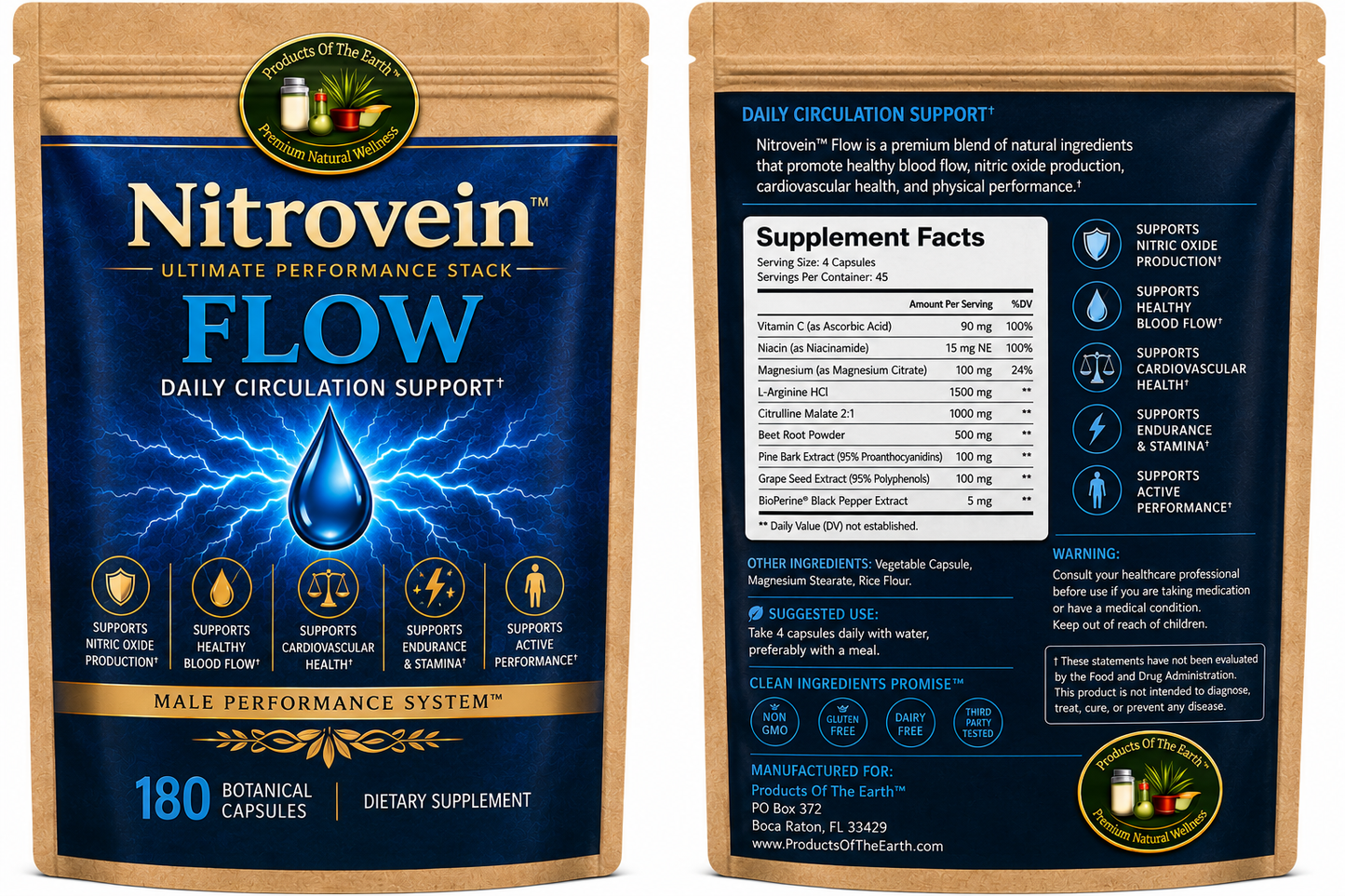 Nitrovein™ Flow - Circulation, Performance, Male Blood Flow Support - 180 Capsules