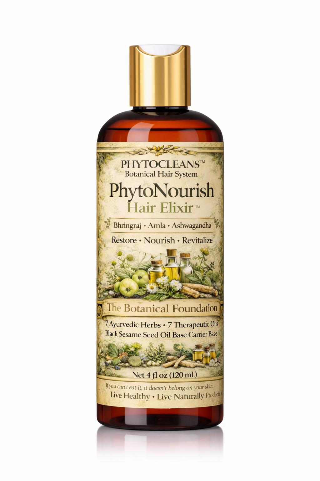 PhytoNourish Hair Elixir™- Bhringraj • Amla • Ashwagandha                                                                                                                    Net 4 fl. oz. (120 mL)