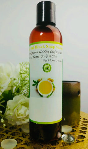Herbal Black Soap Shampoo-Frankincense & Olive Leaf                                                                                    Net 8 fl. oz. (240 mL)
