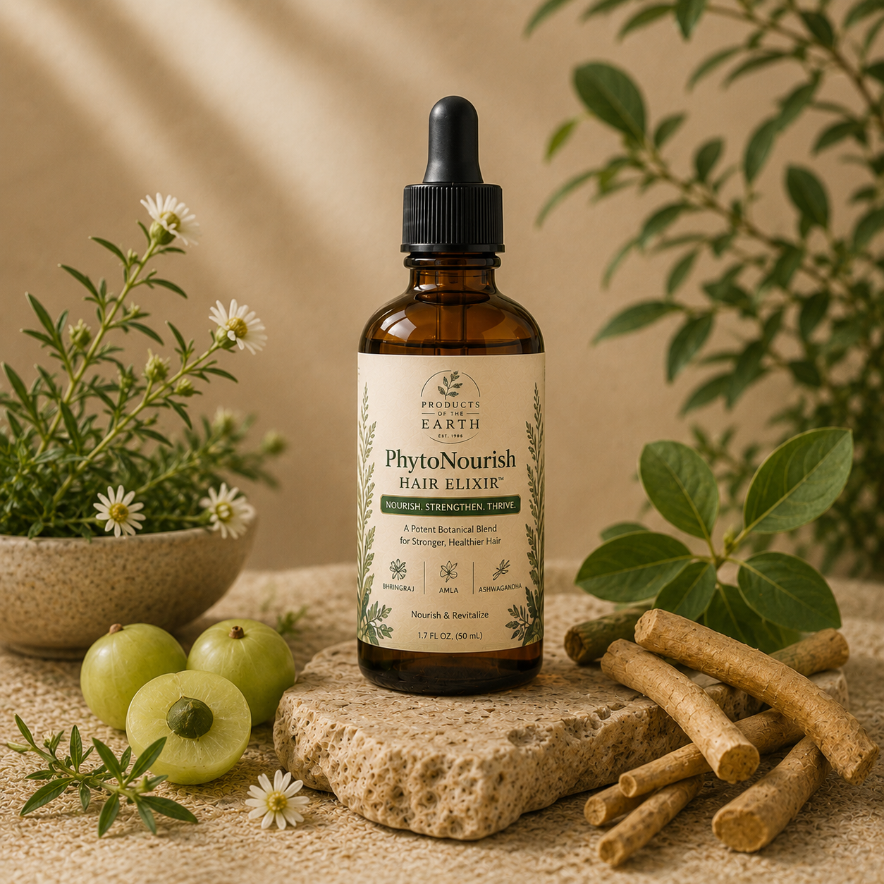 PhytoNourish Hair Elixir™- Bhringraj • Amla • Ashwagandha                                                                                                                    Net 4 fl. oz. (120 mL)